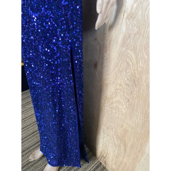 1990s Scala Royal Blue Sequin One Shoulder Gown Open Back Evening Dress Sz M - Picture 11 of 16